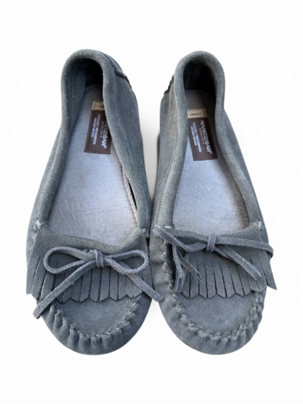 boho suede moccasin flats grey fringe vibram sole size 9